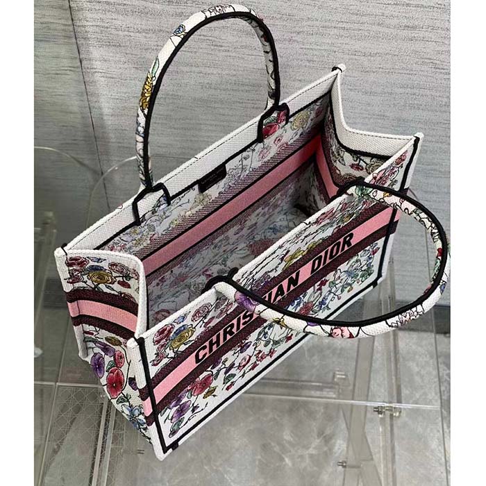 Dior Women CD Medium Book Tote White Multicolor Florilegio Embroidery