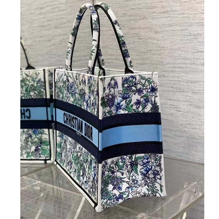 Dior Women CD Medium Book Tote White Multicolor Flowers Constellation Embroidery