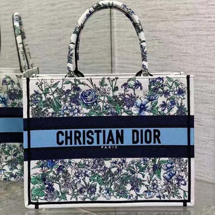 Dior Women CD Medium Book Tote White Multicolor Flowers Constellation Embroidery