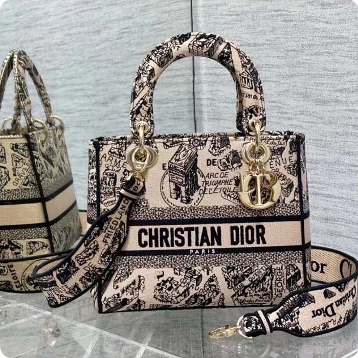 Dior Women CD Medium Lady D-Lite Bag Beige Black Plan De Paris Embroidery