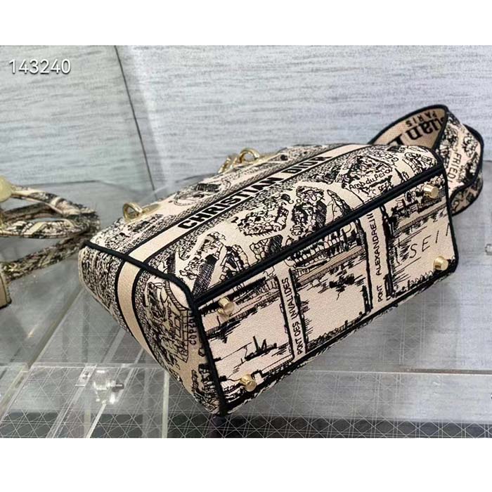 Dior Women CD Medium Lady D-Lite Bag Beige Black Plan De Paris Embroidery