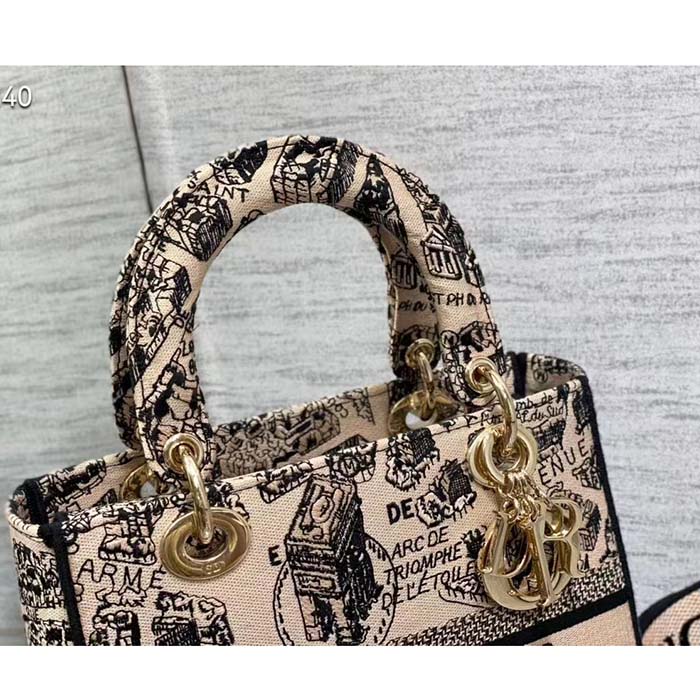 Dior Women CD Medium Lady D-Lite Bag Beige Black Plan De Paris Embroidery