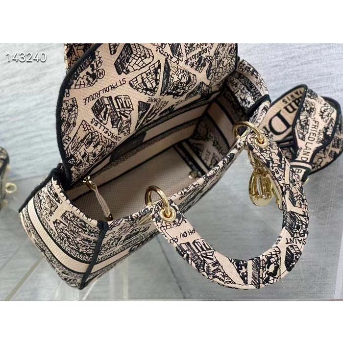 Dior Women CD Medium Lady D-Lite Bag Beige Black Plan De Paris Embroidery
