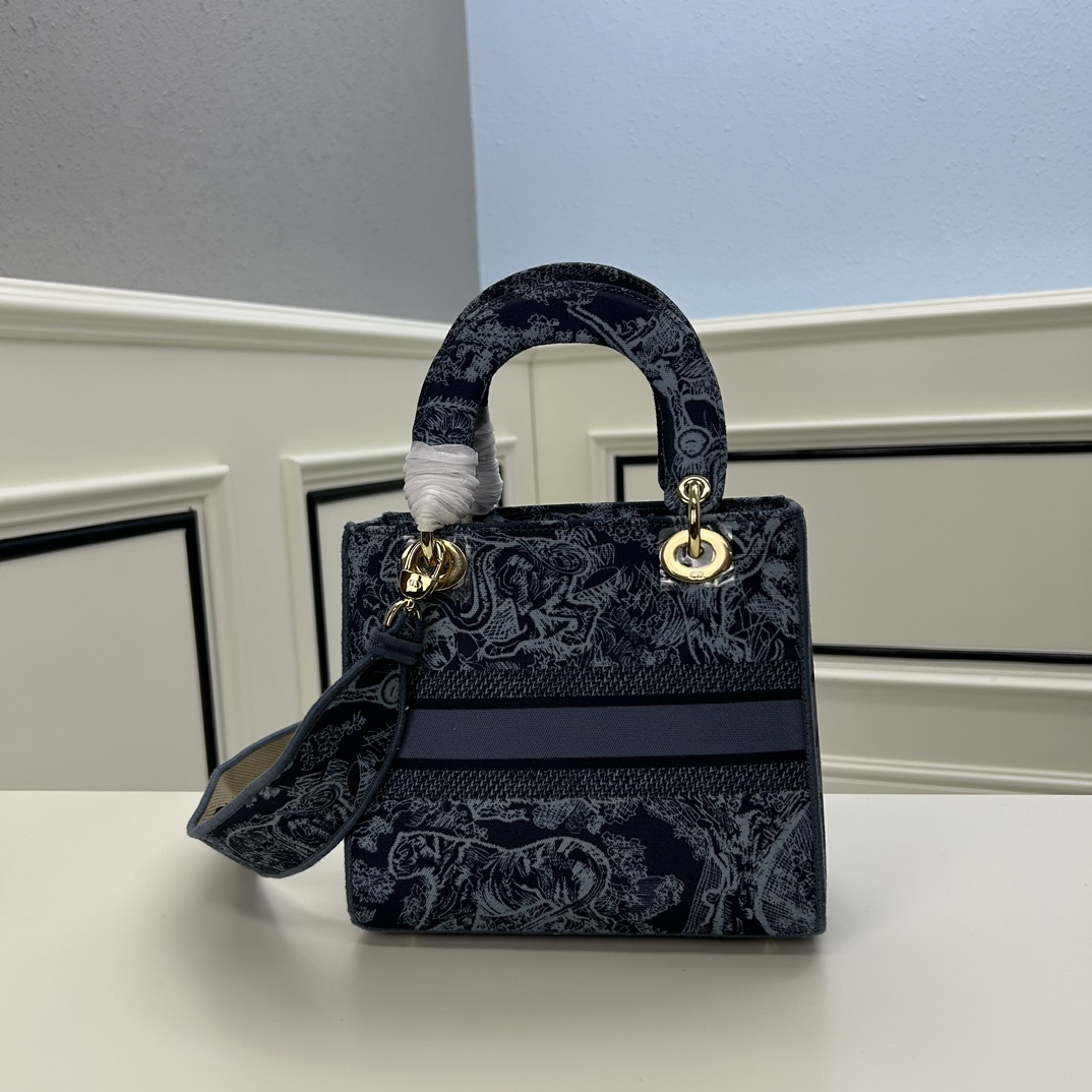 Dior Women CD Medium Lady D-Lite Bag Denim Blue Toile De Jouy Embroidery