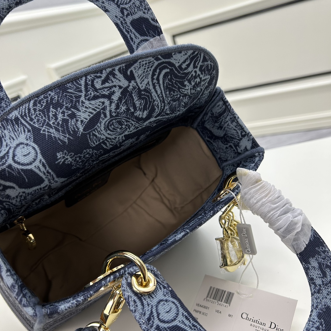 Dior Women CD Medium Lady D-Lite Bag Denim Blue Toile De Jouy Embroidery