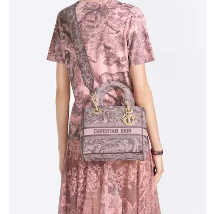 Dior Women CD Medium Lady D-Lite Bag Gray Pink Toile De Jouy Reverse Embroidery