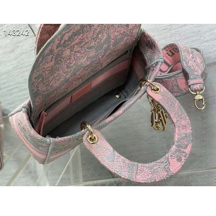 Dior Women CD Medium Lady D-Lite Bag Gray Pink Toile De Jouy Reverse Embroidery