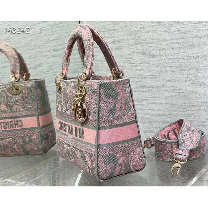 Dior Women CD Medium Lady D-Lite Bag Gray Pink Toile De Jouy Reverse Embroidery