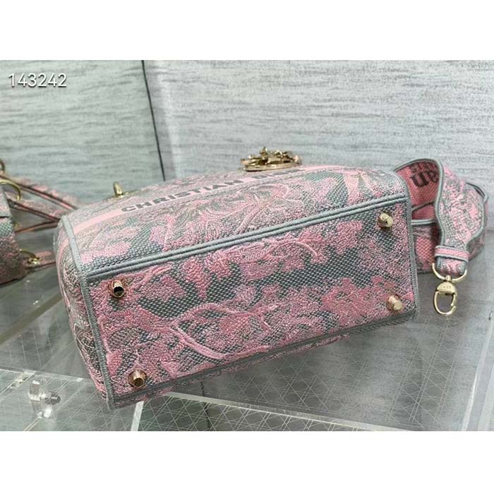 Dior Women CD Medium Lady D-Lite Bag Gray Pink Toile De Jouy Reverse Embroidery