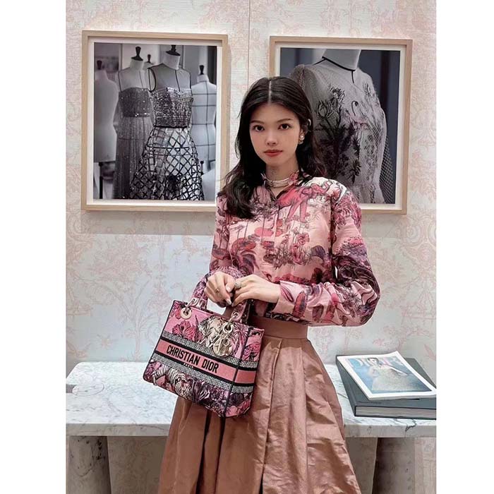 Dior Women CD Medium Lady D-Lite Bag Pink Multicolor Toile De Jouy Voyage Embroidery