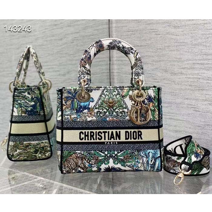 Dior Women CD Medium Lady D-Lite Bag White Multicolor Étoile De Voyage Embroidery
