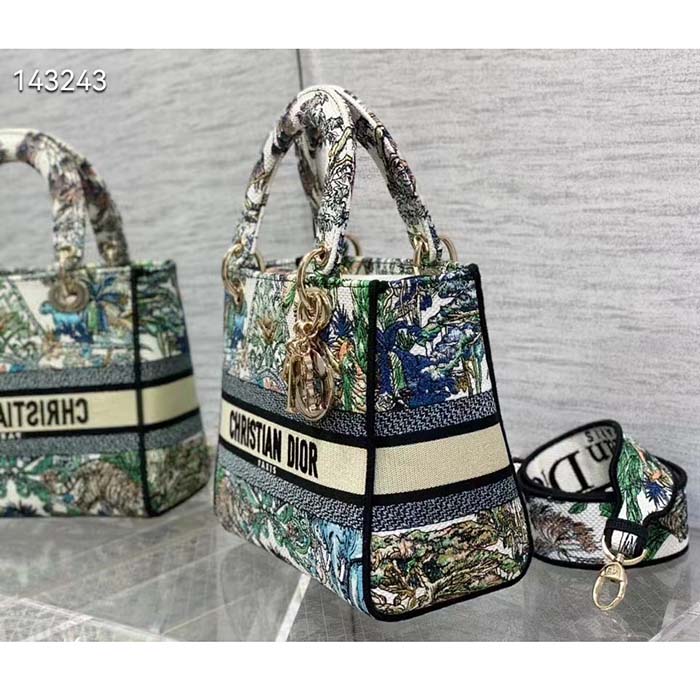 Dior Women CD Medium Lady D-Lite Bag White Multicolor Étoile De Voyage Embroidery