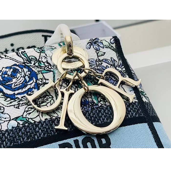 Dior Women CD Medium Lady D-Lite Bag White Multicolor Flowers Constellation Embroidery