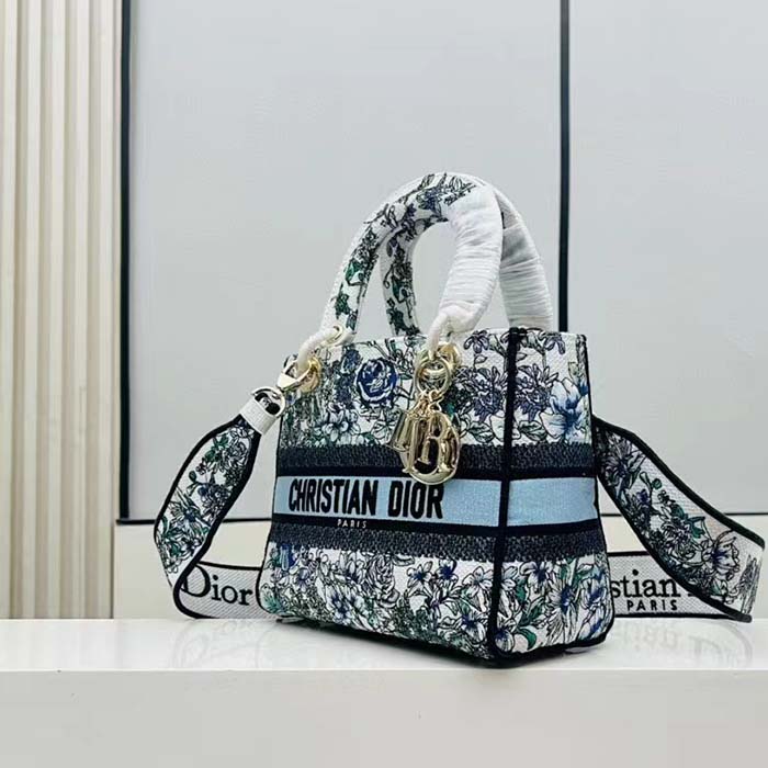 Dior Women CD Medium Lady D-Lite Bag White Multicolor Flowers Constellation Embroidery
