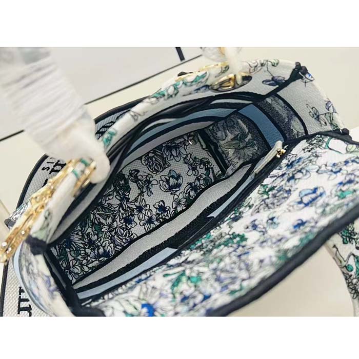 Dior Women CD Medium Lady D-Lite Bag White Multicolor Flowers Constellation Embroidery