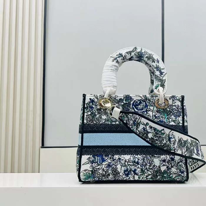 Dior Women CD Medium Lady D-Lite Bag White Multicolor Flowers Constellation Embroidery