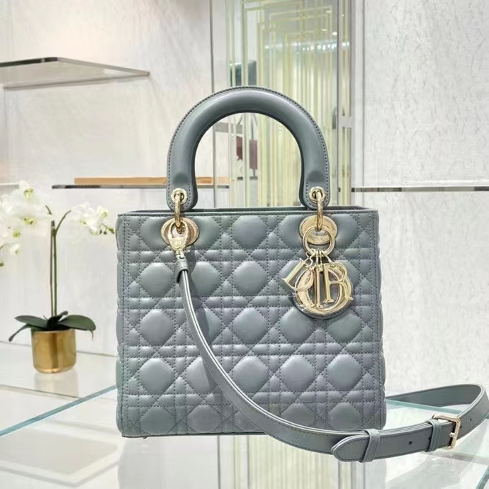 Dior Women CD Medium Lady Dior Bag Gray Stone Cannage Lambskin