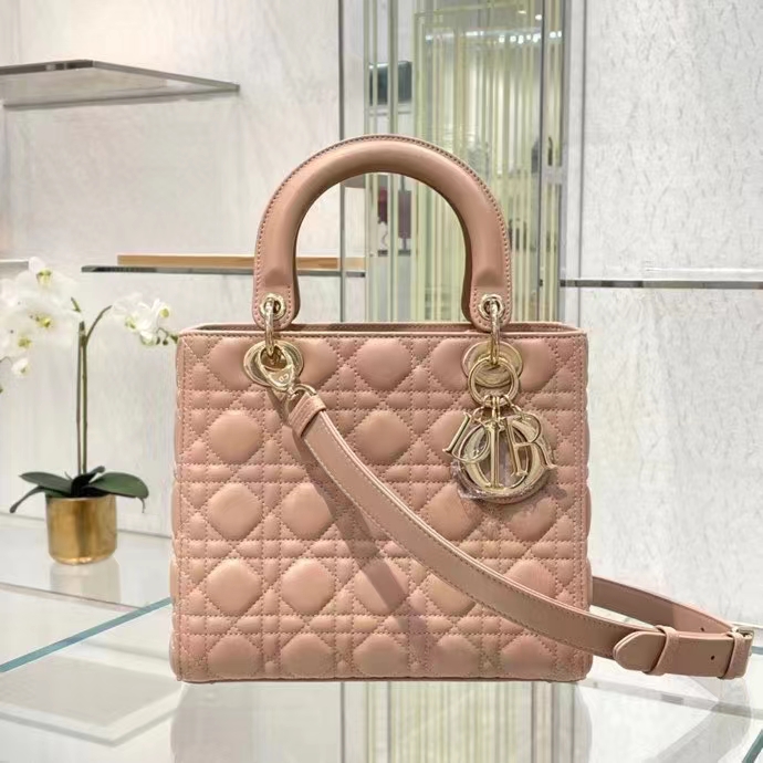 Dior Women CD Medium Lady Dior Bag Sand Pink Cannage Lambskin
