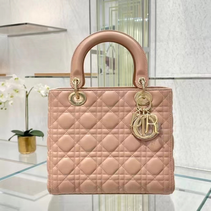 Dior Women CD Medium Lady Dior Bag Sand Pink Cannage Lambskin