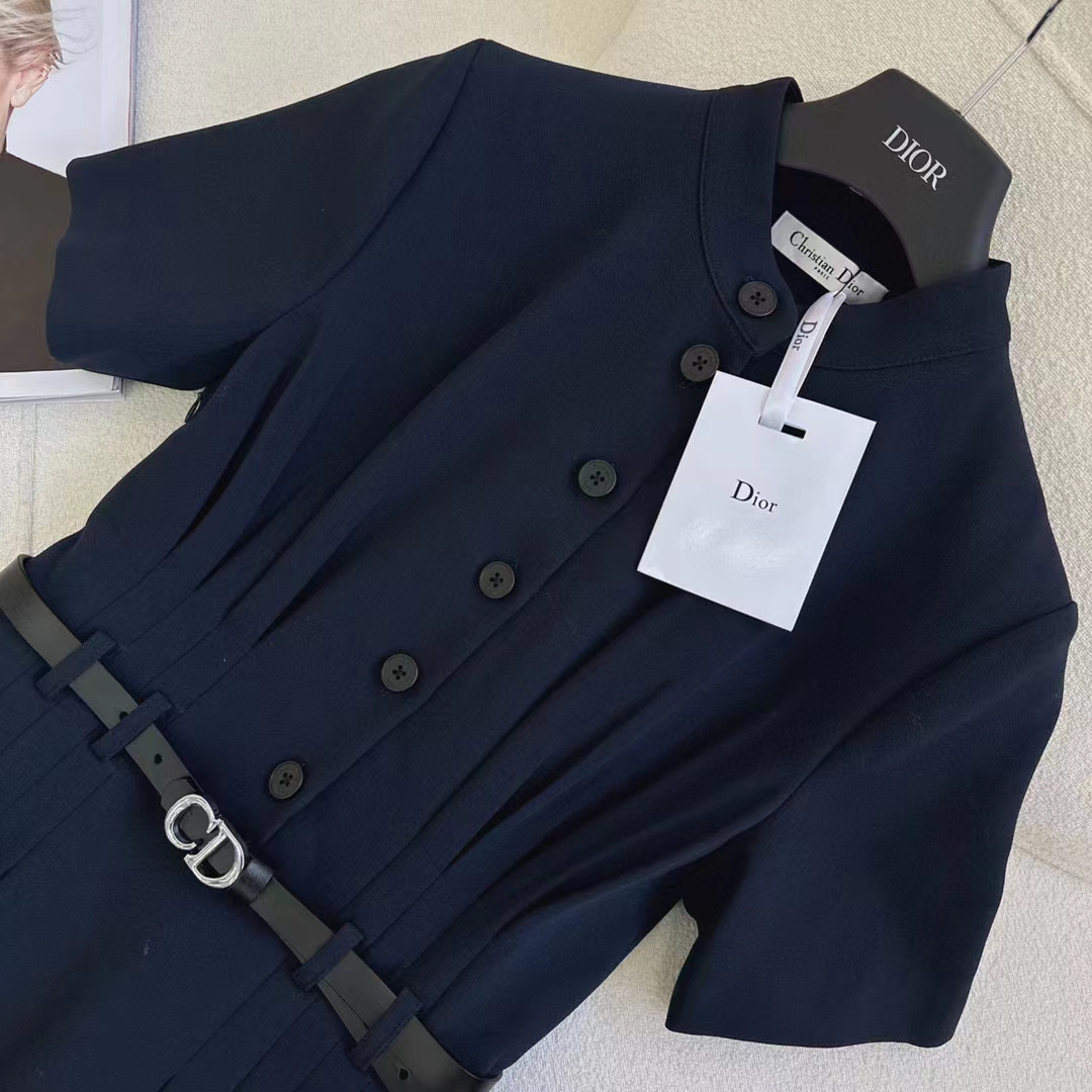 Dior Women CD Mid-Length Shirt Dress Gray Silk Tonal Belt Pleated Style Unlined