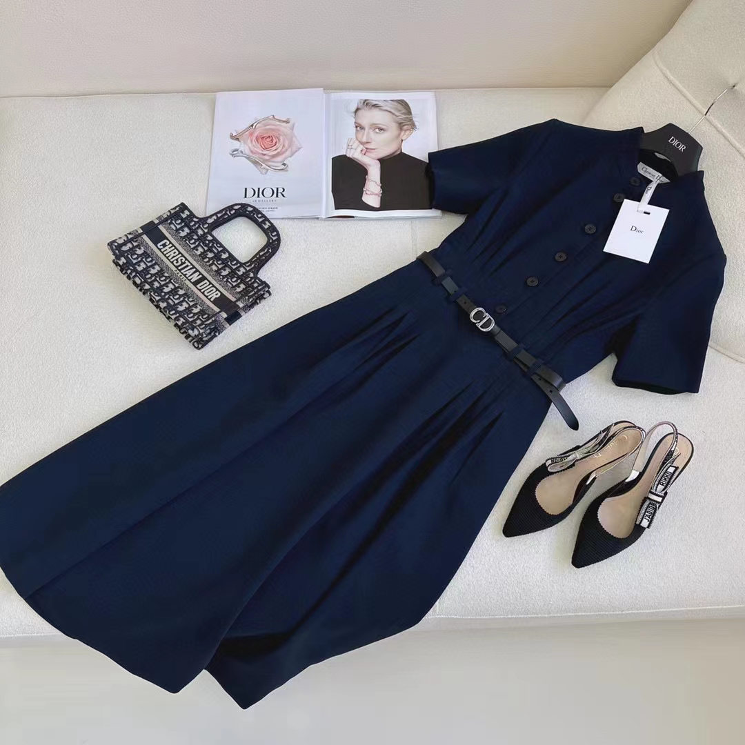 Dior Women CD Mid-Length Shirt Dress Gray Silk Tonal Belt Pleated Style Unlined