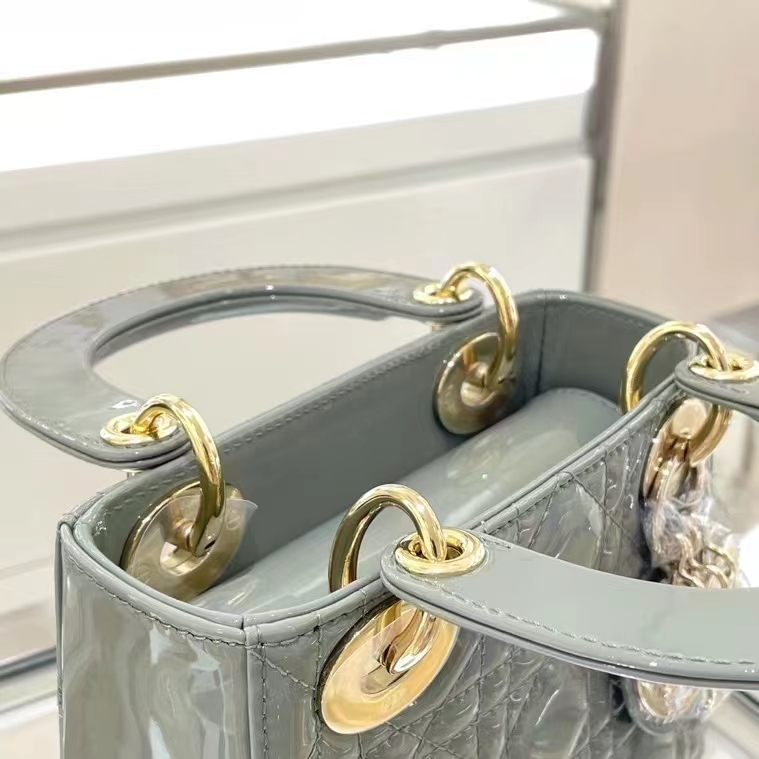 Dior Women CD Mini Lady Dior Bag Sage Green Patent Cannage Calfskin
