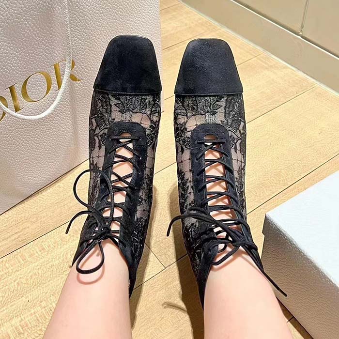 Dior Women CD Naughtily-D Ankle Boot Black Transparent Mesh Suede Embroidered Roses