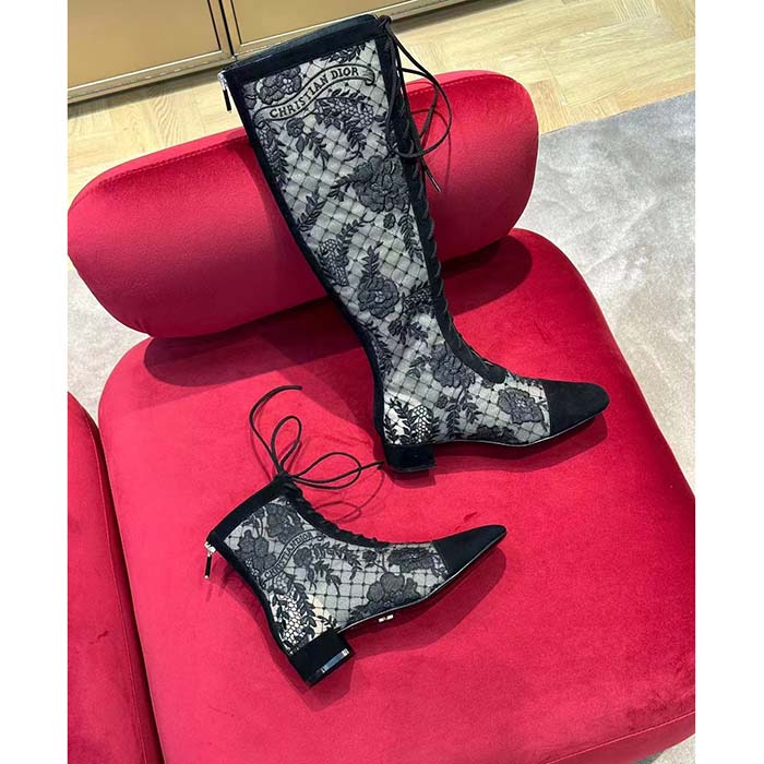 Dior Women CD Naughtily-D Ankle Boot Black Transparent Mesh Suede Embroidered Roses