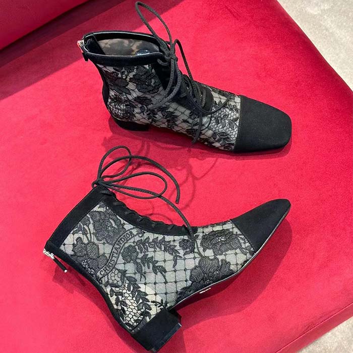 Dior Women CD Naughtily-D Ankle Boot Black Transparent Mesh Suede Embroidered Roses
