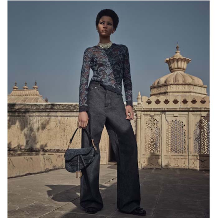 Dior Women CD Saddle Bag Denim Blue Albero Della Vita Embroidery