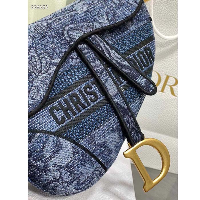 Dior Women CD Saddle Bag Denim Blue Albero Della Vita Embroidery