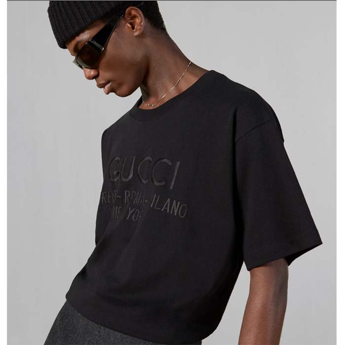 G*u*i men gg cotton jersey t-shirt black heavy cities embroidery crewneck short sleeves oversize fit