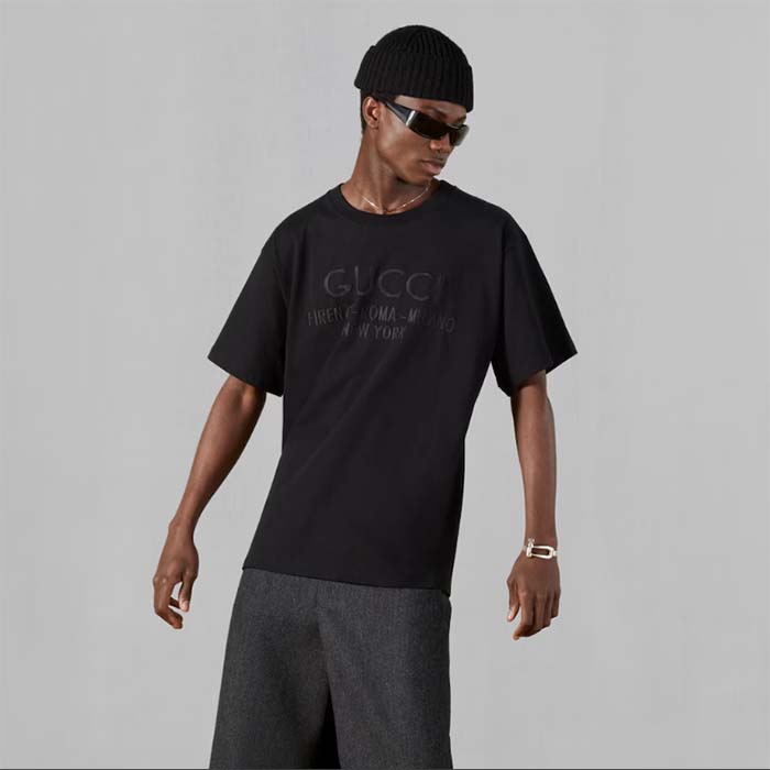 G*u*i men gg cotton jersey t-shirt black heavy cities embroidery crewneck short sleeves oversize fit