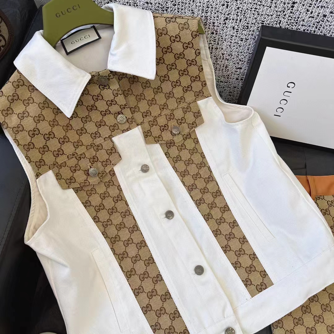 G*u*i women washed organic denim vest gg light blue stone bleached point collar sleeveless