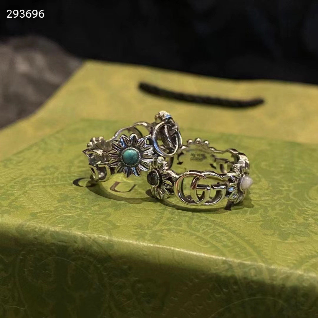 G*u*i unisex double g mother of pearl ring flowers resin blue topaz stones 925 sterling silver
