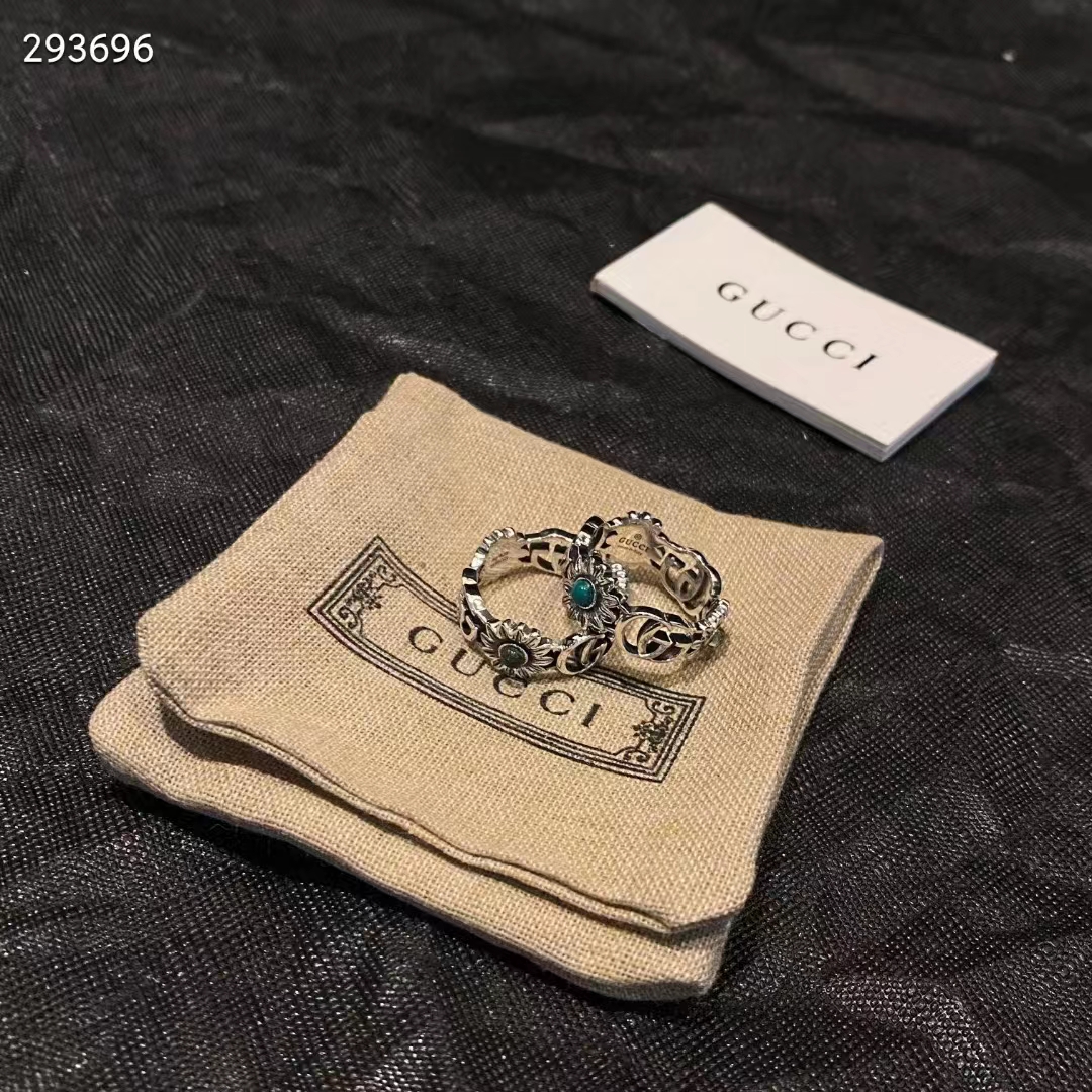 G*u*i unisex double g mother of pearl ring flowers resin blue topaz stones 925 sterling silver