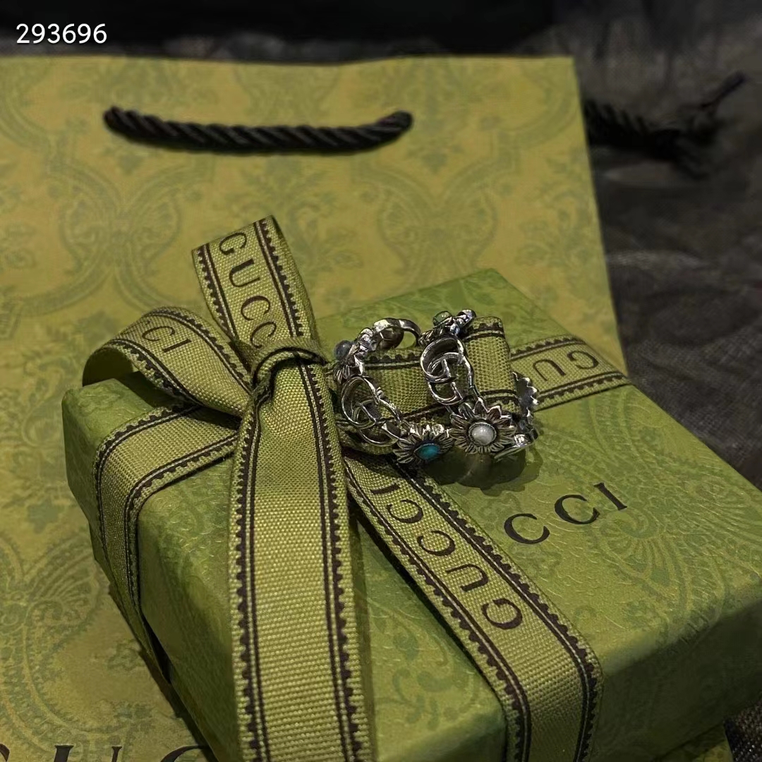 G*u*i unisex double g mother of pearl ring flowers resin blue topaz stones 925 sterling silver