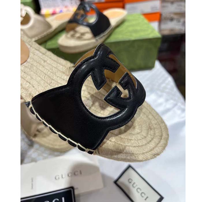 G*u*i unisex gg interlocking g cut-out slide sandal black leather low 3 cm heel