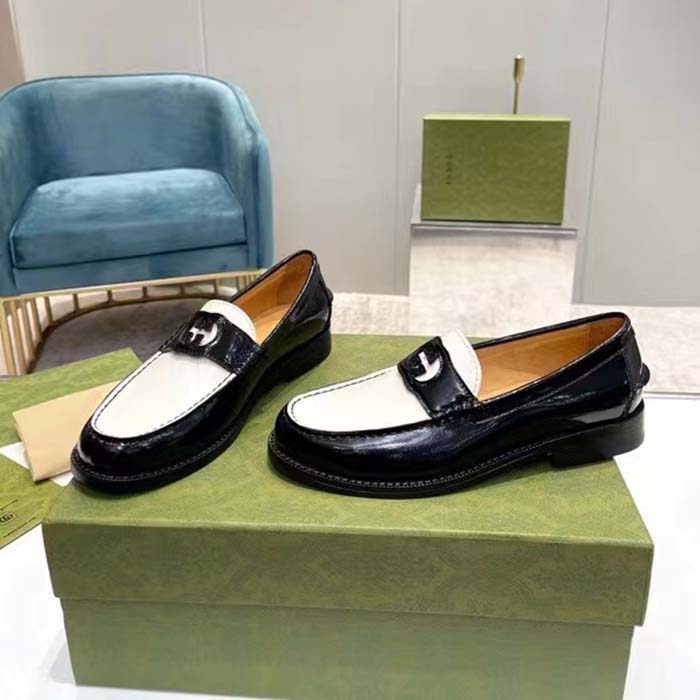 G*u*i unisex gg interlocking g loafer black white leather sole flat 1.5 cm heel