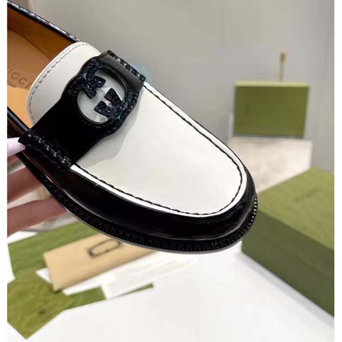 G*u*i unisex gg interlocking g loafer black white leather sole flat 1.5 cm heel