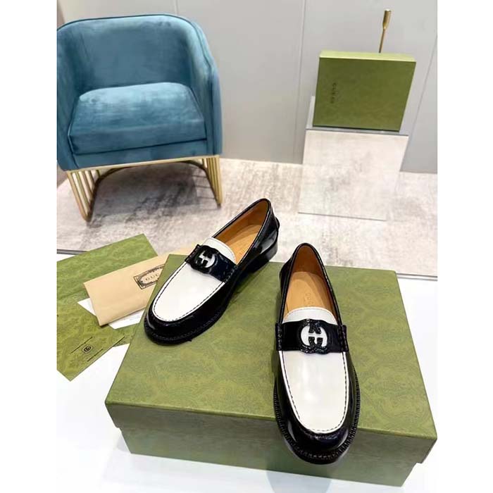 G*u*i unisex gg interlocking g loafer black white leather sole flat 1.5 cm heel