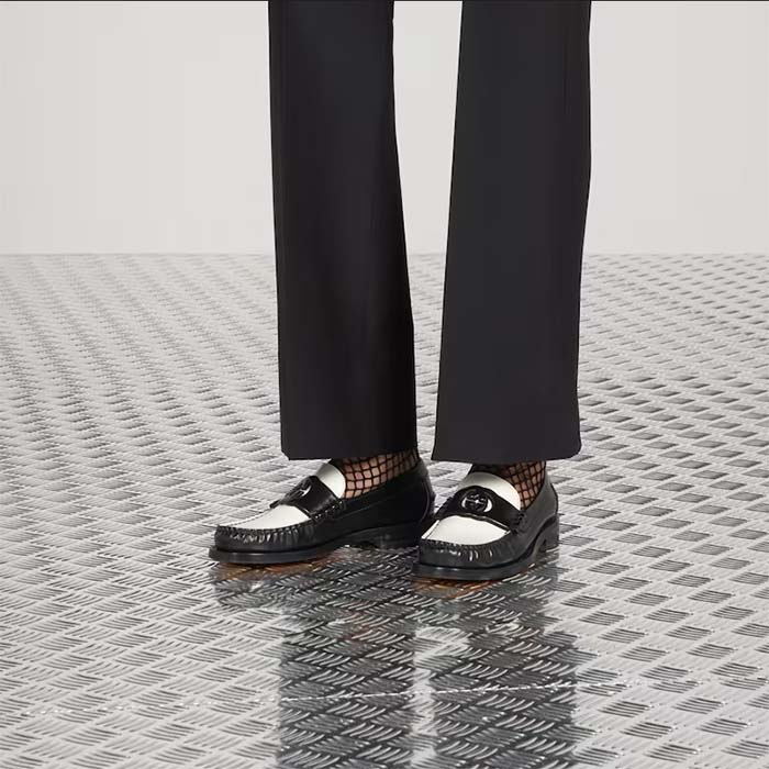 G*u*i unisex gg interlocking g loafer black white leather sole flat 1.5 cm heel