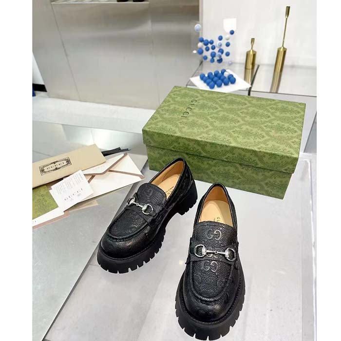 G*u*i unisex gg lug loafer black gg leather horsebit rubber sole 1.5 cm heel height