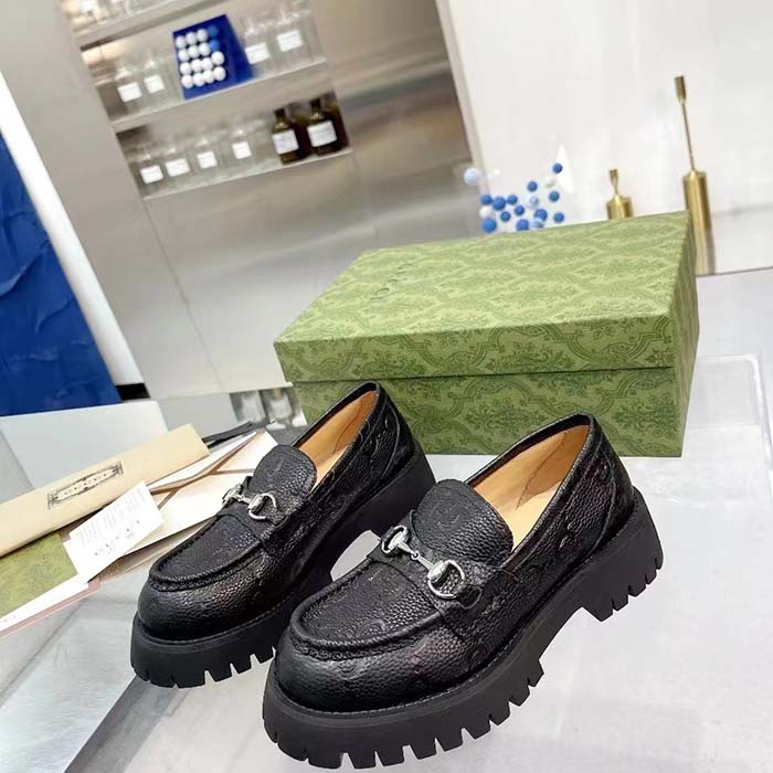 G*u*i unisex gg lug loafer black gg leather horsebit rubber sole 1.5 cm heel height