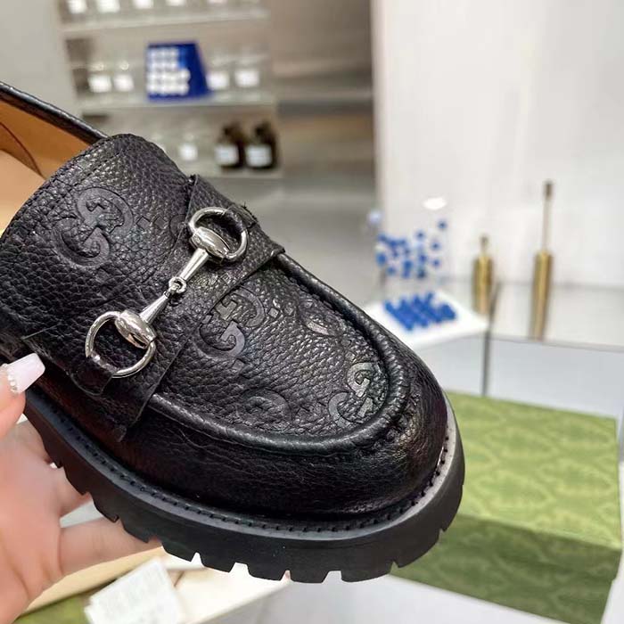 G*u*i unisex gg lug loafer black gg leather horsebit rubber sole 1.5 cm heel height