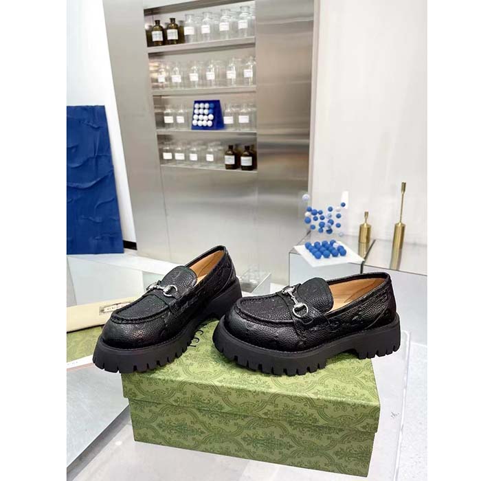 G*u*i unisex gg lug loafer black gg leather horsebit rubber sole 1.5 cm heel height