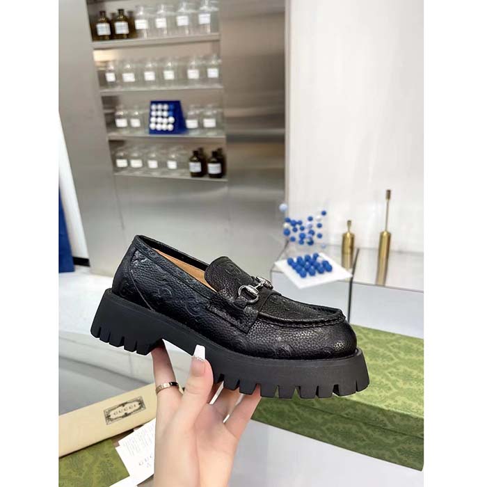 G*u*i unisex gg lug loafer black gg leather horsebit rubber sole 1.5 cm heel height