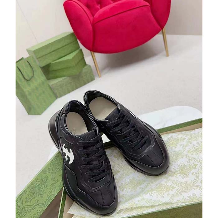 G*u*i unisex interlocking g rhyton sneakers black leather white cut-out rubber sole