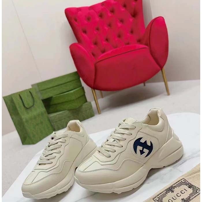 G*u*i unisex interlocking g rhyton sneakers ivory leather navy cut-out rubber sole