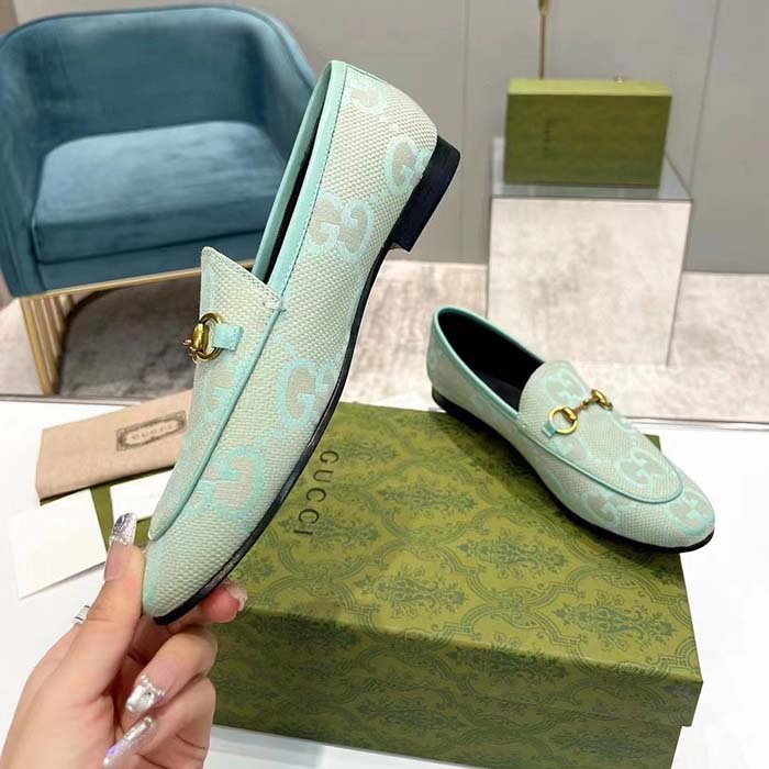G*u*i unisex jordaan jumbo gg loafer beige mint green canvas leather sole horsebit